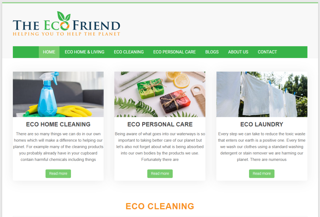 Cassia Digital client portfolio case study on The Eco Friend - web care, SEO audit, content creation and business consulting.