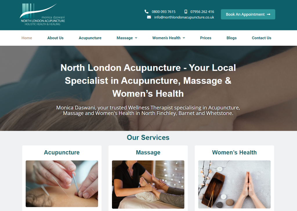 Cassia Digital client portfolio case study on North London Acupuncture- web home page