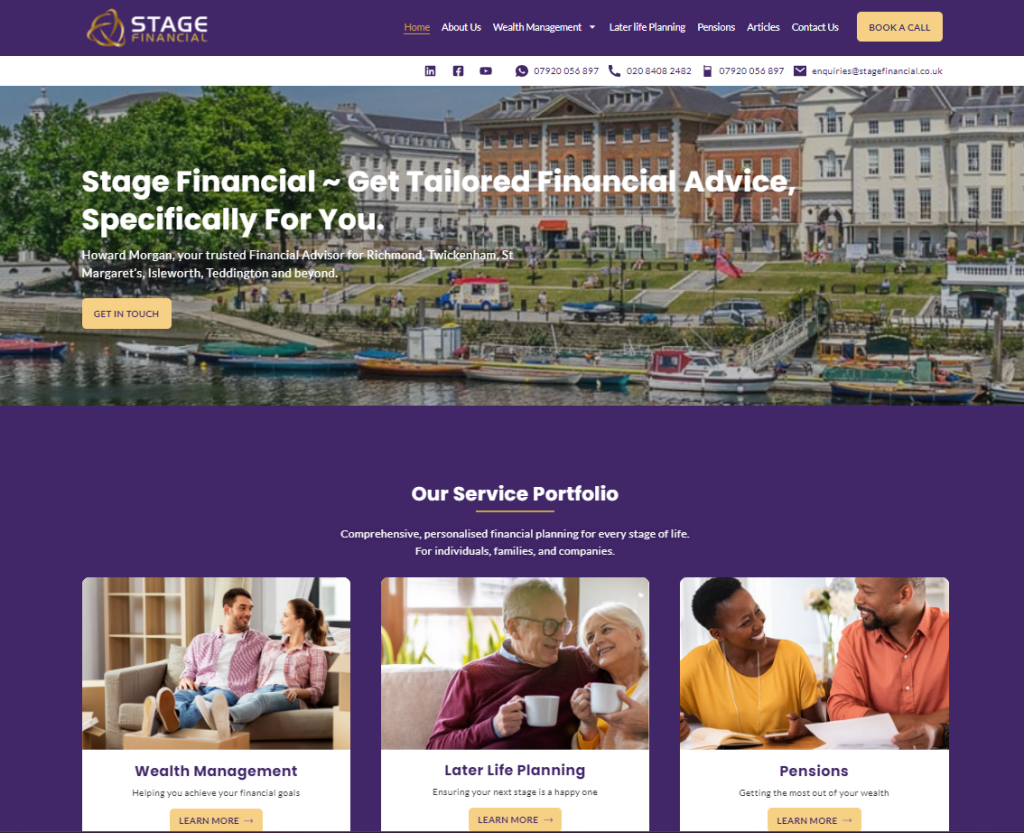 Cassia Digital client portfolio case study on Stage Financial Richmond, London - website home page.