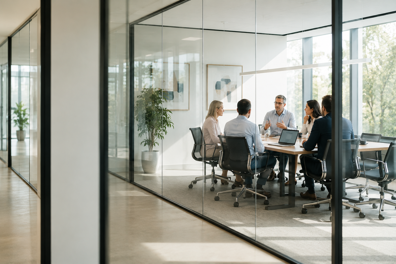 Business team in discussion around a table in a glass-walled meeting room, seen from an empty corridor outside the glass.