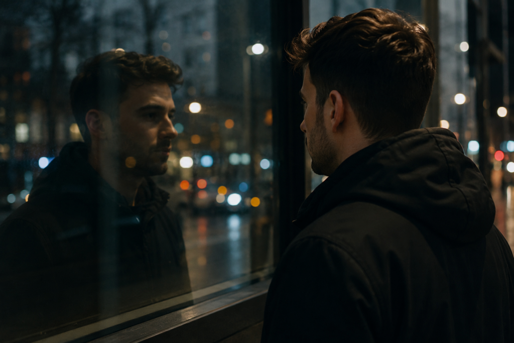 a person reflected in a shop window or glass panel at night, framed so both the real figure and the reflection are visible together. One reads as the person themselves, the other as how a stranger encountering them for the first time would see them.