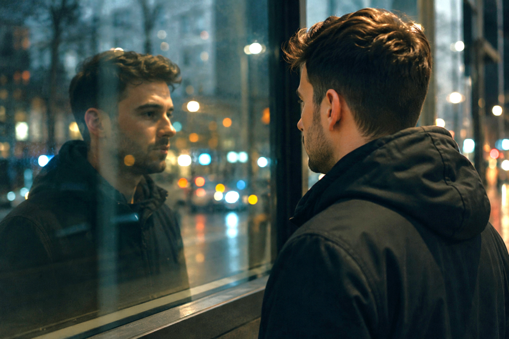 a person reflected in a shop window or glass panel at night, framed so both the real figure and the reflection are visible together. One reads as the person themselves, the other as how a stranger encountering them for the first time would see them. light