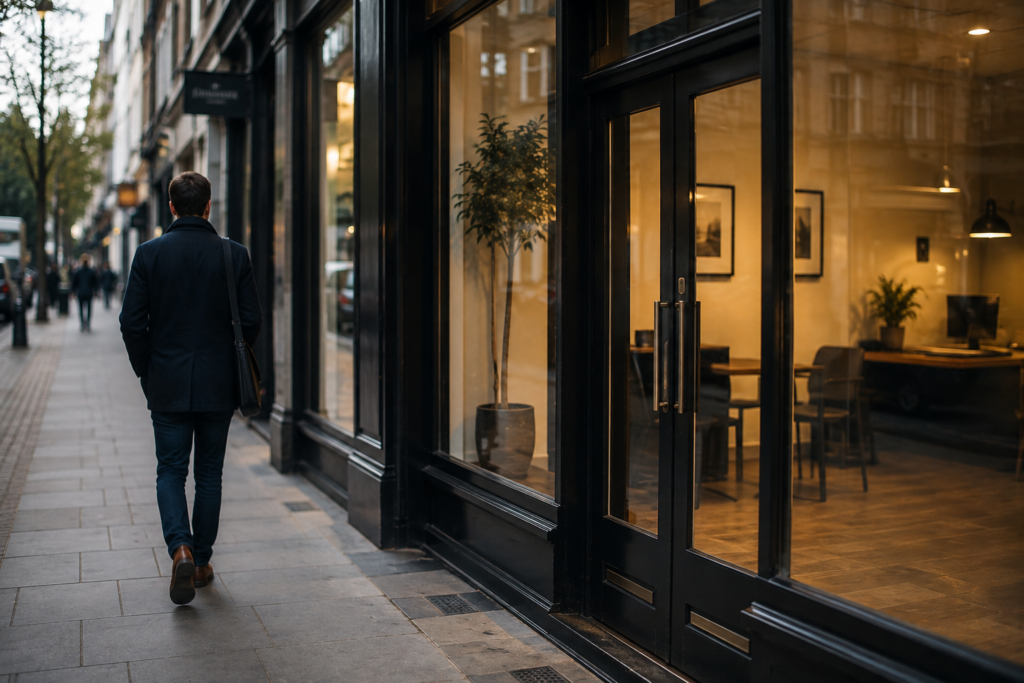 Man in a coat walking away down a city pavement, passing a lit shopfront without stopping to look in.