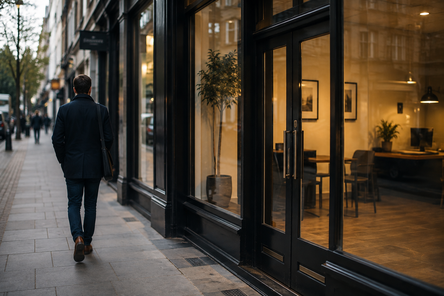 Man in a coat walking away down a city pavement, passing a lit shopfront without stopping to look in.