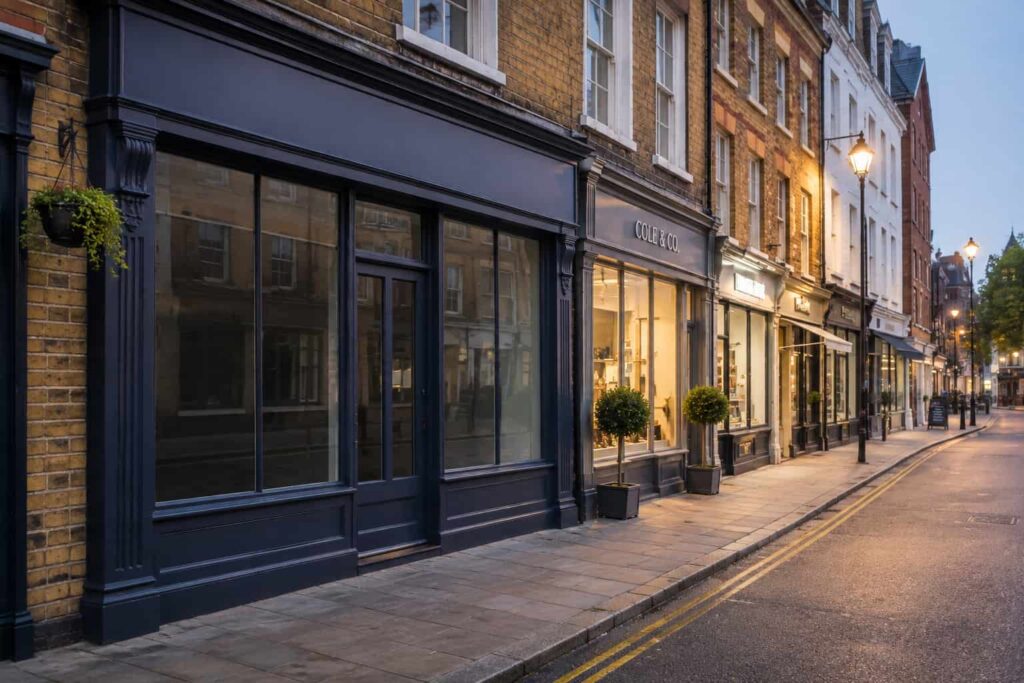 Row of independent shopfronts on a UK high street at dusk, with warmly lit windows drawing the eye past a dark, unlit storefront in the foreground.