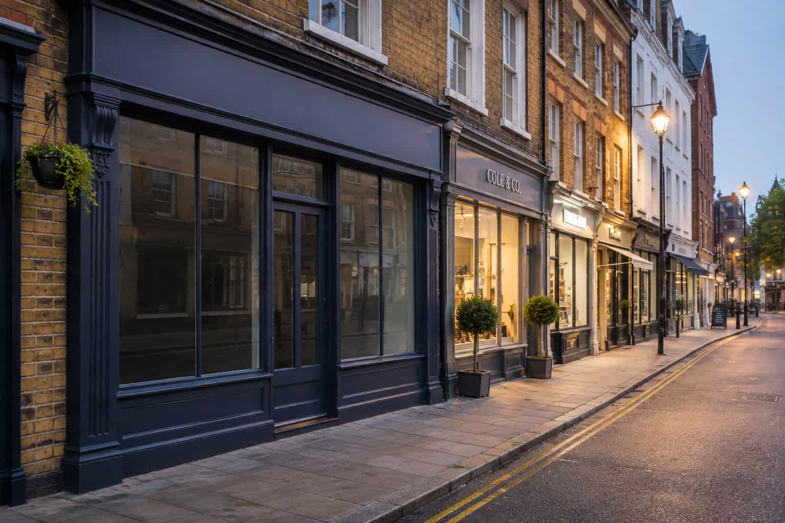Row of independent shopfronts on a UK high street at dusk, with warmly lit windows drawing the eye past a dark, unlit storefront in the foreground.