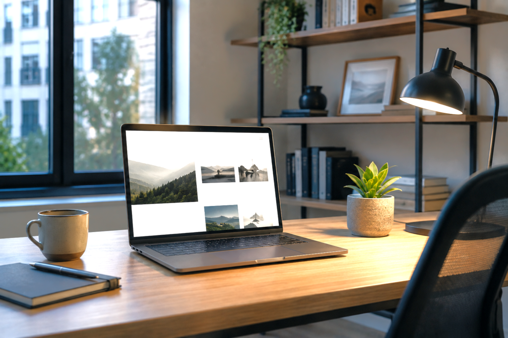 Laptop open on a wooden desk displaying a photography-led website, with an empty chair pulled up and no one working at it.