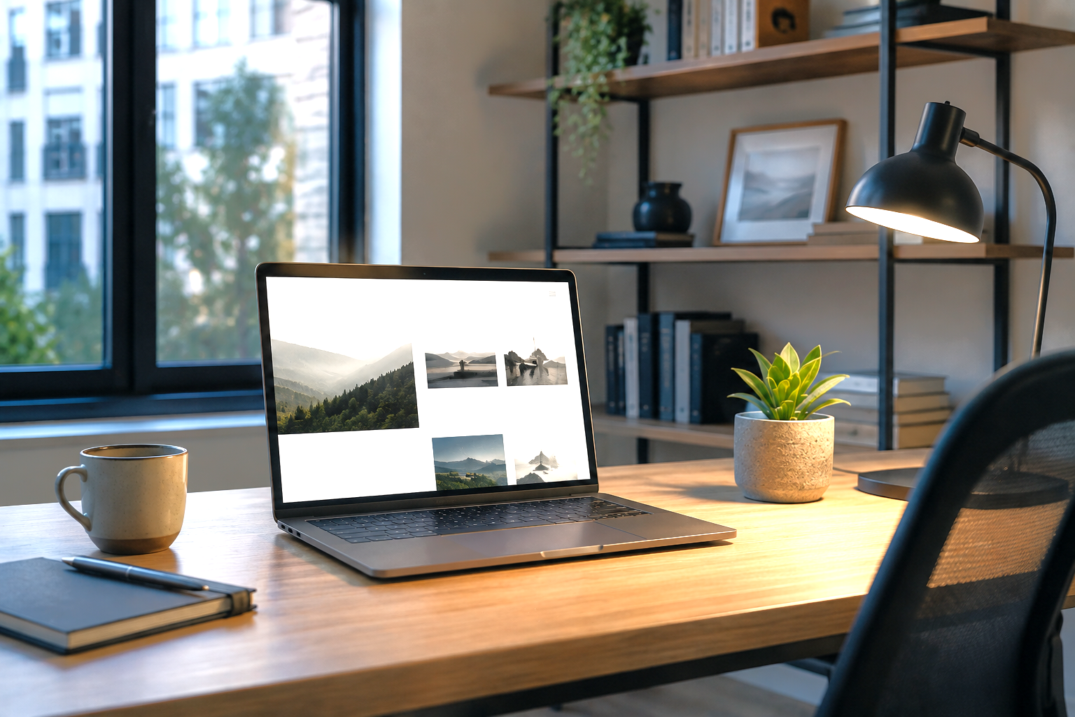 Laptop open on a wooden desk displaying a photography-led website, with an empty chair pulled up and no one working at it.